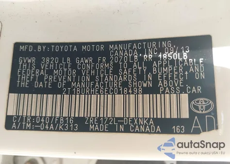 2014 Toyota Corolla Le from USA, damaged, VIN 2T1BURHE6EC018498